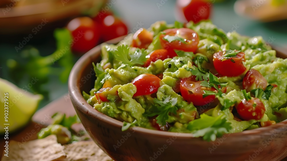 Guacamole garnished with cherry tomato slices and fresh Guacamole garnished with cherry tomato slices and fresh