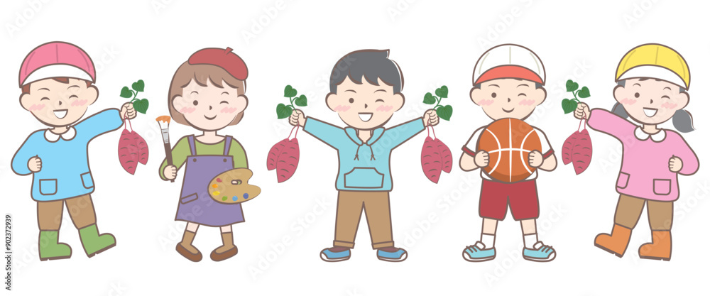 秋の行事の子供たち 芋掘り スポーツ 芸術 秋の行事の子供たち 芋掘り スポーツ 芸術