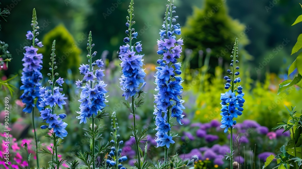 Blue delphinium bloomed in the garden its tall picture