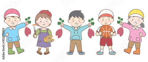 秋の行事の子供たち　芋掘り　スポーツ　芸術