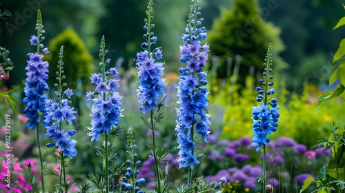 Blue delphinium bloomed in the garden its tall picture