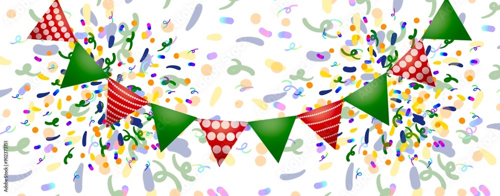 Christmas garland triangular red and green flags with white circle dots on the red flags which swag on curve string with colorful and multi-shape of confetti as background Christmas garland triangular red and green flags with white circle dots on the red flags which swag on curve string with colorful and multi-shape of confetti as background