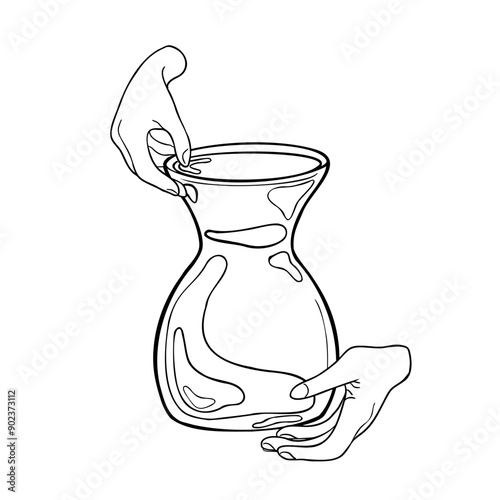 Women's hands holding clay crockery ink silhouette hand drawn. Two hands making a ceramic pot painted black white vector illustration. Pottery vase and human fingers in outline. For ceramics class
