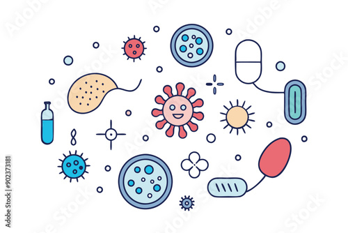 Probiotics bacteria, microbes, infection and pathogen cells concept editable stroke outline, icon set Vector illustration on white background.