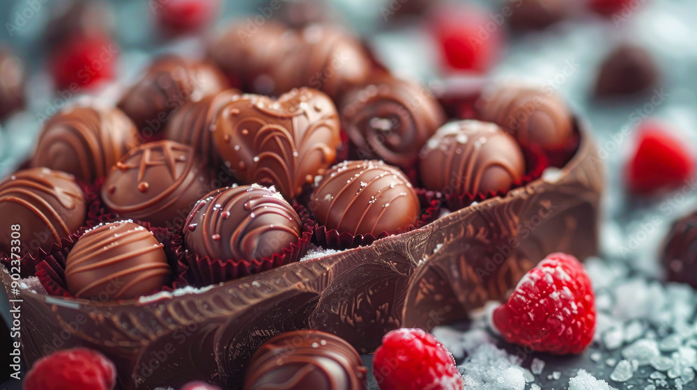 Close-up of assorted chocolates in a box, with one heart-shaped chocolate in the center Close-up of assorted chocolates in a box, with one heart-shaped chocolate in the center