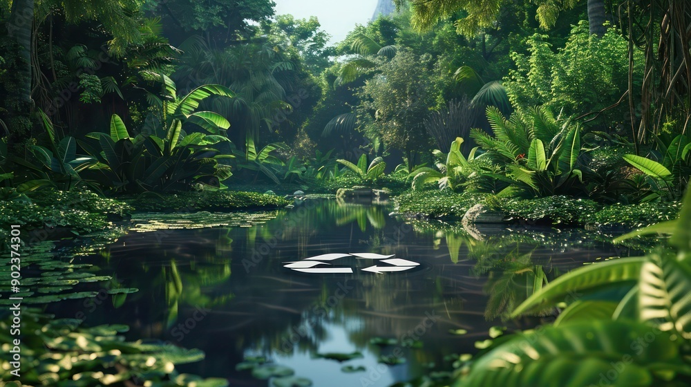 Immersive 3D visualization of a tranquil pond with a recycling symbol, set in a dense jungle environment, emphasizing the call to recycle and protect nature. Immersive 3D visualization of a tranquil pond with a recycling symbol, set in a dense jungle environment, emphasizing the call to recycle and protect nature.