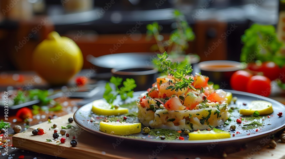 Appetizers served on a beautiful plate and decorated Appetizers served on a beautiful plate and decorated