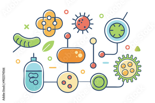 Probiotics bacteria, microbes, infection and pathogen cells concept editable stroke outline, icon set Vector illustration on white background.