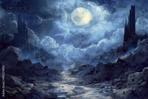 Dark Fantasy Landscape with Ancient Ruins Under a Full Moon