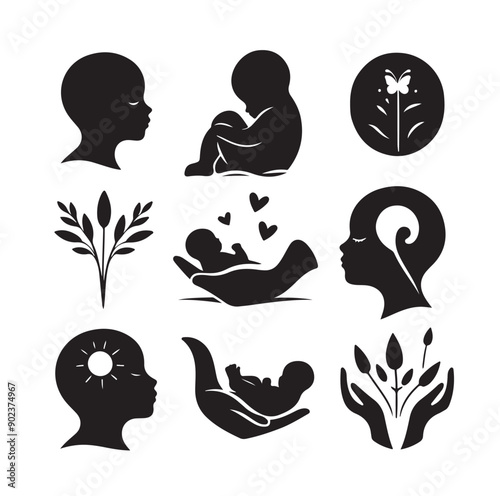 Newborn Baby and Maternity Care Silhouette Icons Set in Black Vector Style
