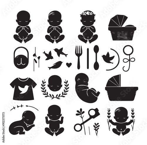 Newborn Baby and Maternity Care Silhouette Icons Set in Black Vector Style
