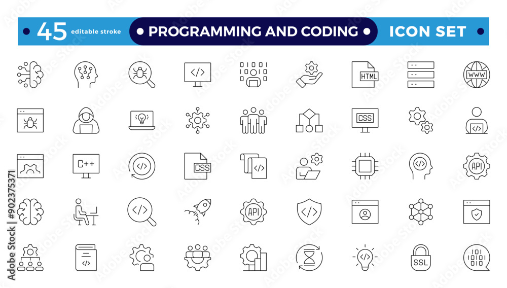 Programming coding set of web icons in line style. Software development icons for web and mobile apps. Code, API, programmer, developer, information technology, coder. Editable stroke outline icon.
