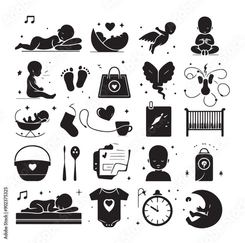 Newborn Baby and Maternity Care Silhouette Icons Set in Black Vector Style
