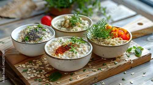 Porridge on a wooden board oatmeal buckwheat rice picture