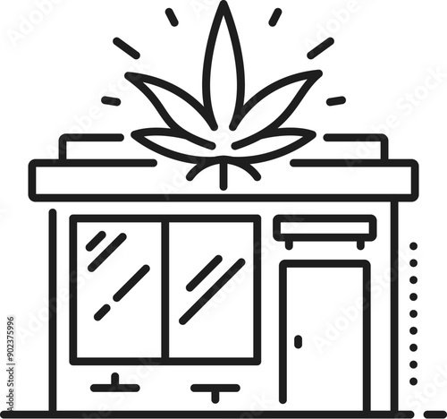Cannabis store line icon for CBD and marijuana weed extract, vector symbol. Medical cannabis sativa drug store or CBD pharmacy shop and coffeeshop linear icon with marijuana leaf for weed smoking