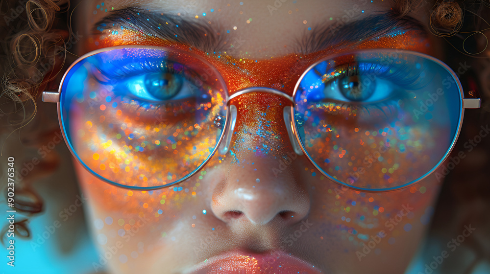 a person wearing glasses with orange paint a person wearing glasses with orange paint