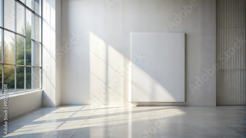 Mockup 10x15' wall art blank white canvas minimalist exhibition space light grey wall ceramic floor natural sunlight photo