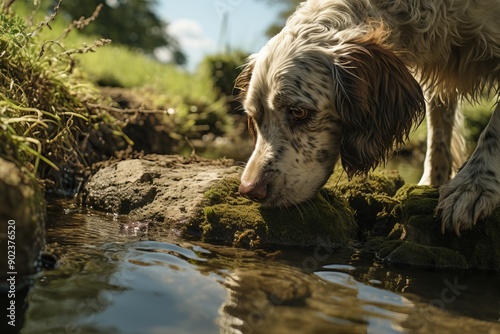 Thirsty dog quenching thirst by drinking water from a puddle to hydrate in a natural outdoor setting photo