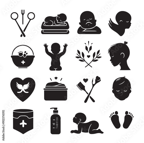 Newborn Baby and Maternity Care Silhouette Icons Set in Black Vector Style

