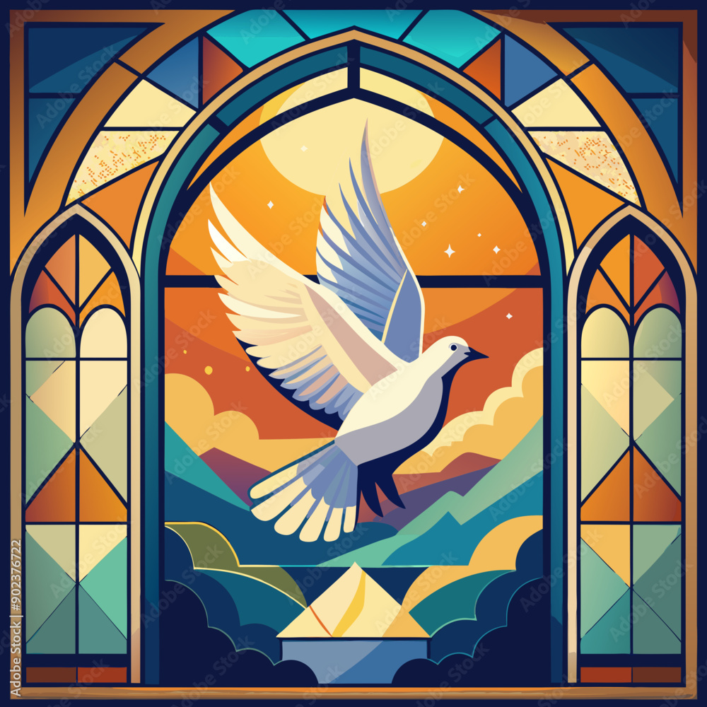 Fototapeta premium Graceful White Dove Flying Near Church Colored Window Vector Illustration