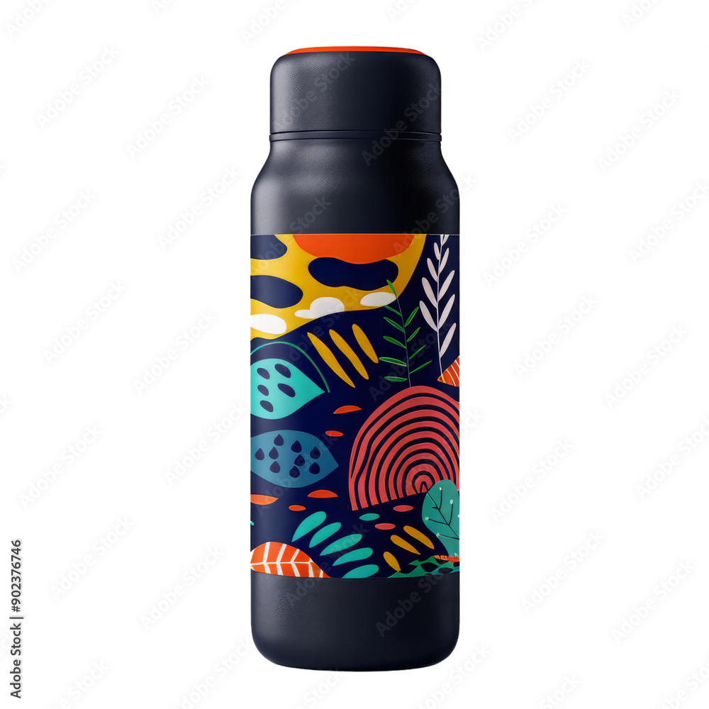 Fototapeta premium Colorful insulated water bottle with vibrant patterns for outdoor activities or daily hydration.