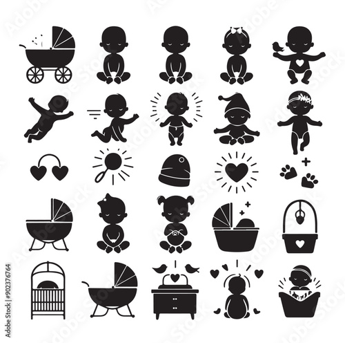 Newborn Baby and Maternity Care Silhouette Icons Set in Black Vector Style
