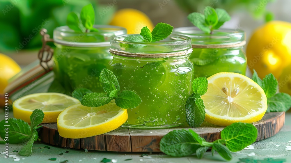 Mint confiture carefully placed in glass jars picture