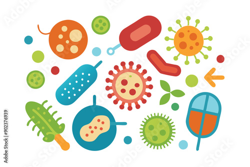 Probiotics bacteria, microbes, infection and pathogen cells concept editable stroke outline, icon set Vector illustration on white background.