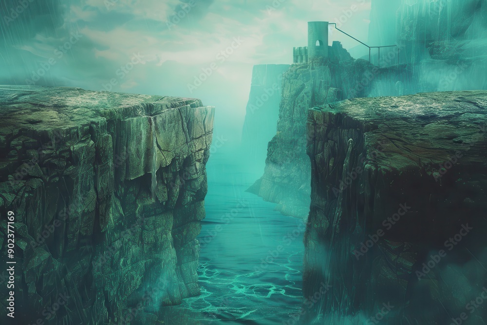 Mysterious chasm with ancient ruins shrouded in mist