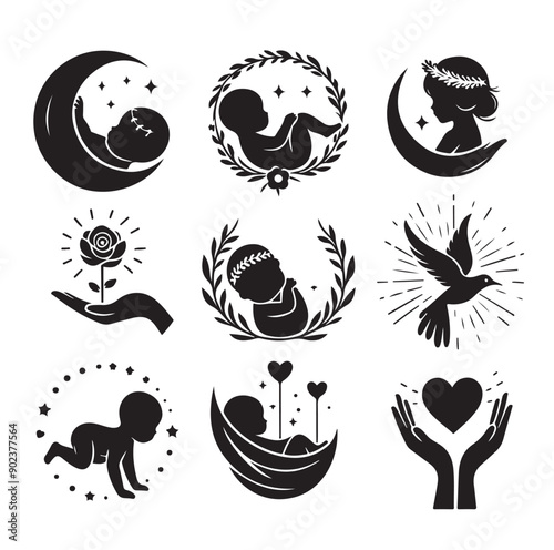 Newborn Baby and Maternity Care Silhouette Icons Set in Black Vector Style
