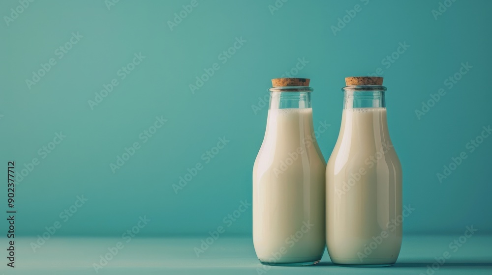 Two Bottles of Milk on a Turquoise Background. Two Bottles of Milk on a Turquoise Background.