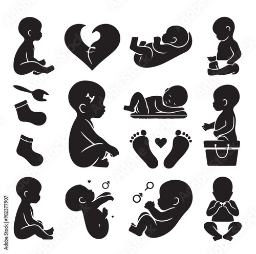 Newborn Baby and Maternity Care Silhouette Icons Set in Black Vector Style
