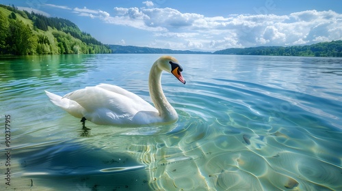 Fototapeta Naklejka Na Ścianę i Meble -  A swan swims across the lake its white