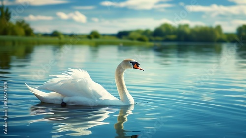 Fototapeta Naklejka Na Ścianę i Meble -  A swan swims across the lake its white picture