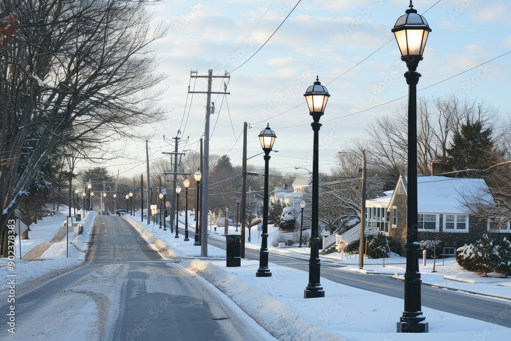 Snowy Street with Street Lights and Power Lines Snowy Street with Street Lights and Power Lines