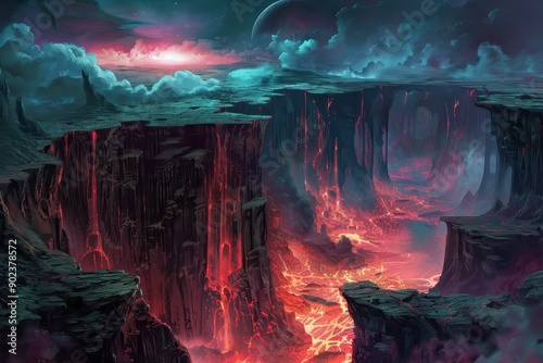 Fantasy landscape with lava river and floating rocks photo