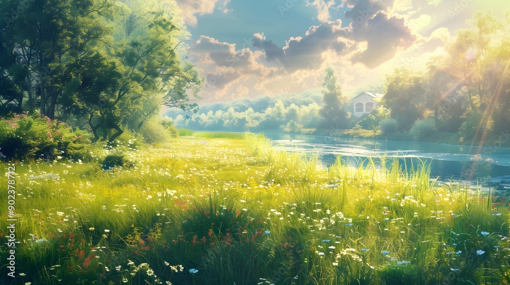 Green meadow stretching along the river Green meadow stretching along the river