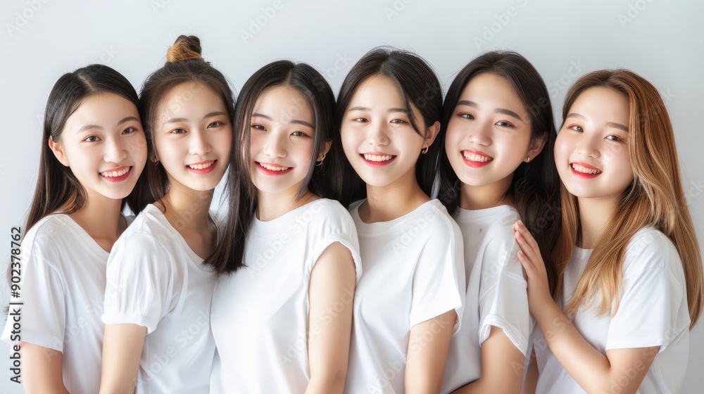 Six Smiling Young Women in White Shirts Six Smiling Young Women in White Shirts