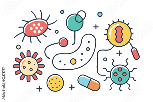 Probiotics bacteria, microbes, infection and pathogen cells concept editable stroke outline, icon set Vector illustration on white background.