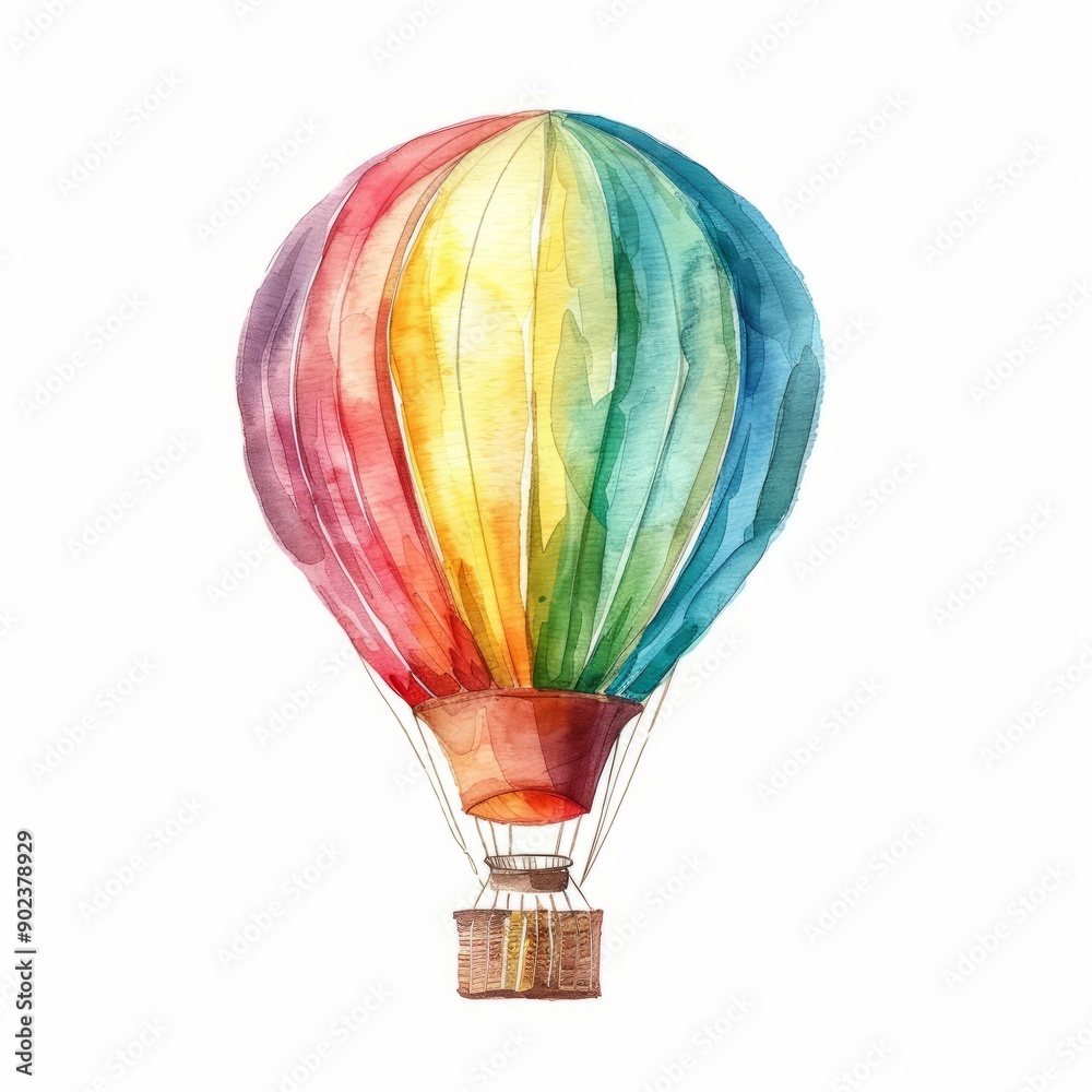 Obraz premium Watercolor painting of a dreamy hot air balloon, on isolated white background, Generative AI