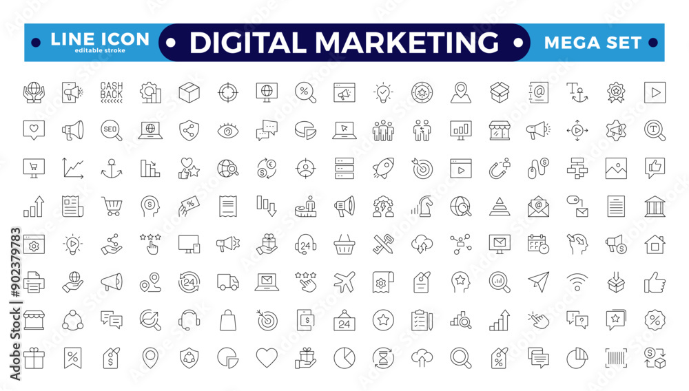 Digital marketing icons set. Content, search, marketing, e-commerce, SEO, electronic devices, internet, analysis, social. Editable stroke outline icon.
Digital marketing icons set. Content, search, marketing, e-commerce, SEO, electronic devices, internet, analysis, social. Editable stroke outline icon.