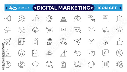 Digital marketing icons set. Content, search, marketing, e-commerce, SEO, electronic devices, internet, analysis, social. Editable stroke outline icon.

