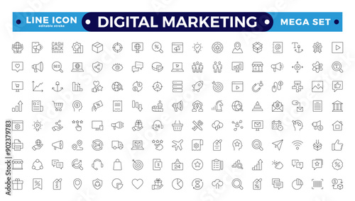 Digital marketing icons set. Content, search, marketing, e-commerce, SEO, electronic devices, internet, analysis, social. Editable stroke outline icon.
