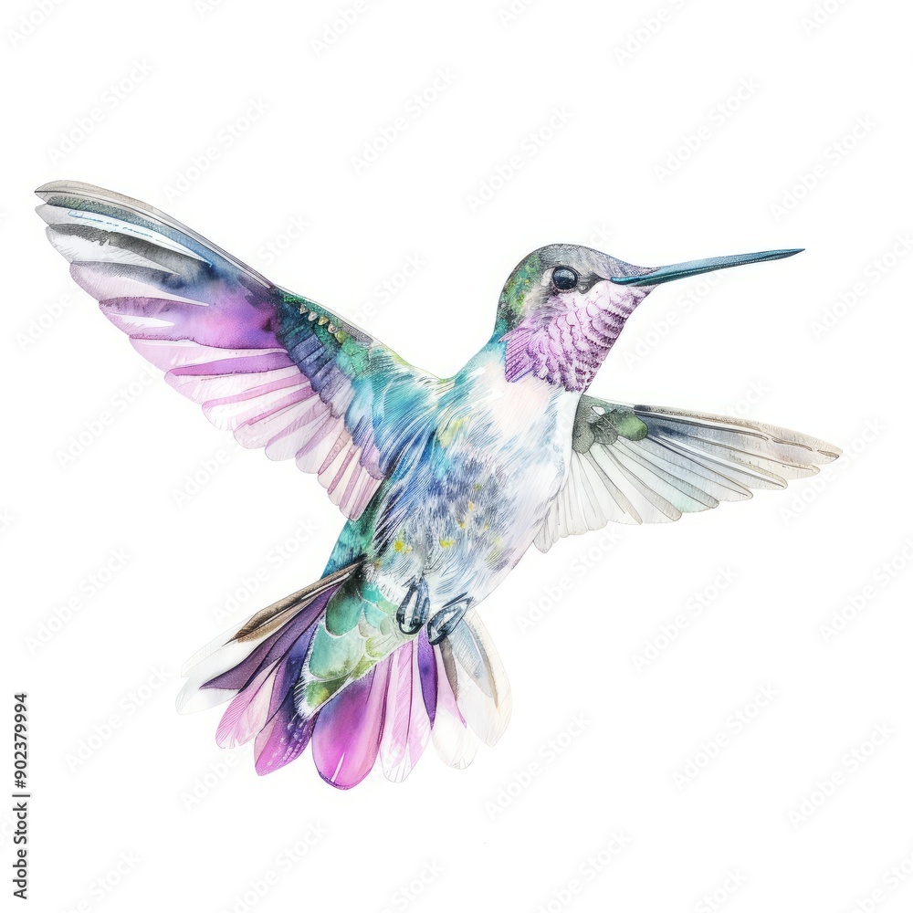 Obraz premium Watercolor painting of a gentle hummingbird in flight, on isolated white background, Generative AI