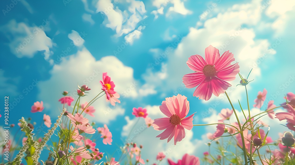 Cosmos fields and blue sky in full bloom,A vivid display of multi colored wildflowers against a bright blue sky,blue sky. Colorful cosmos flowers on a background of summer landscape nature Cosmos fields and blue sky in full bloom,A vivid display of multi colored wildflowers against a bright blue sky,blue sky. Colorful cosmos flowers on a background of summer landscape nature
