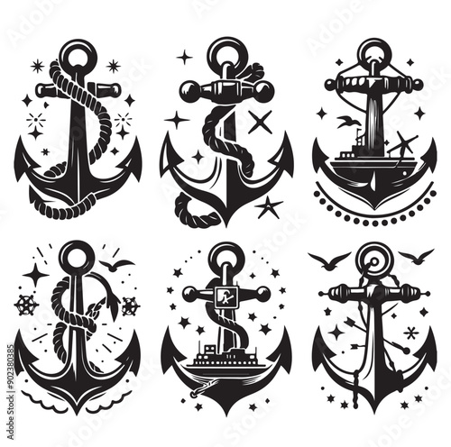 Set of Nautical Anchor Silhouettes in Black Vector Icon Style
