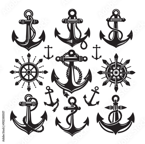 Set of Nautical Anchor Silhouettes in Black Vector Icon Style
