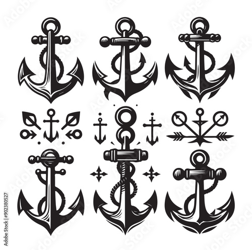Set of Nautical Anchor Silhouettes in Black Vector Icon Style

