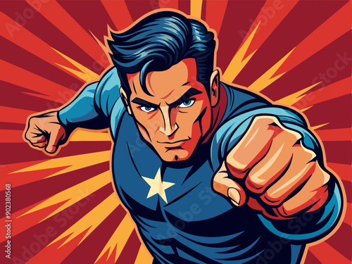Pop art comic book style super hero punching with male superhero costume poster design wall decoration illustration