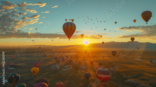 Albuquerque International Balloon Fiesta, view from above with hundreds of hot air balloons floating in the sky, Ai generated Images photo